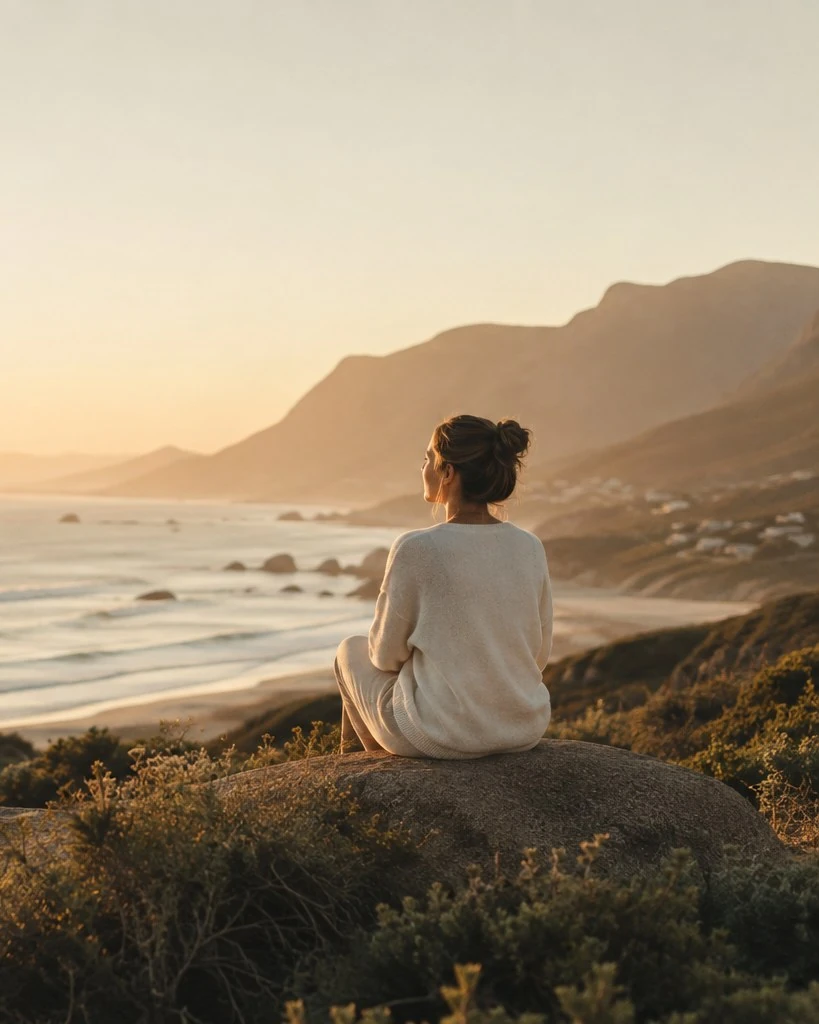 A woman seated on a rock at sunset, looking out over the coastline, seen from behind